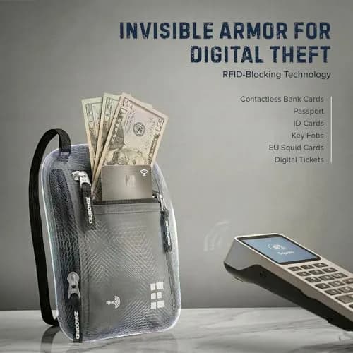 Zero Grid RFID Travel Neck Wallet, Large Passport Holder, Light Grey | Water-Resistant Nylon, RFID Shield thumbnail 3