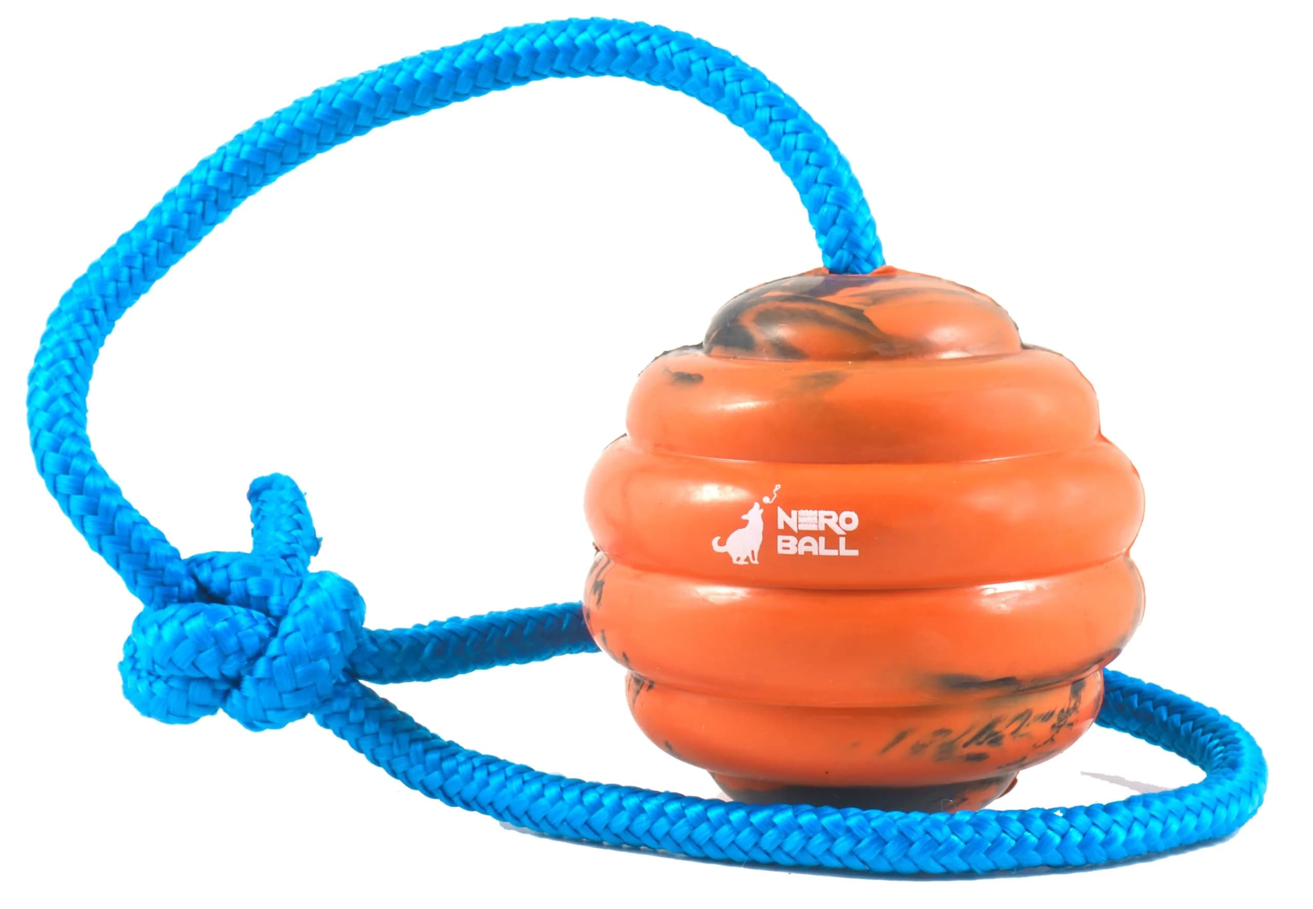 The Nero Ball Pro K-9 Dog Training Ball on Rope – 2.75″ Heavy-Duty Natural Rubber Reward & Tug Toy with Nylon Handle — Orange