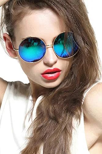 GEELOOK Round Sunglasses for Women Men Oversized Circle Mirrored Hippie Hipster Polarized Metal Frame, Blue Lens thumbnail 2