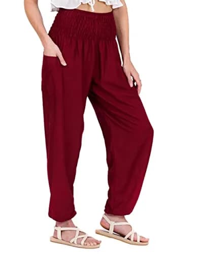 LOFBAZ Harem Pants for Women Yoga Boho Hippie Clothing Womens Palazzo Bohemian Pajama Beach Indian Gypsy Clothes Solid 1 Burgundy M | Flowy Wide Leg, Soft Rayon, Versatile Comfort thumbnail 1