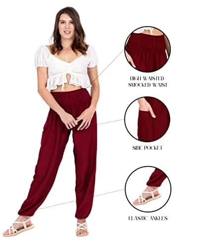 LOFBAZ Harem Pants for Women Yoga Boho Hippie Clothing Womens Palazzo Bohemian Pajama Beach Indian Gypsy Clothes Solid 1 Burgundy M | Flowy Wide Leg, Soft Rayon, Versatile Comfort thumbnail 3
