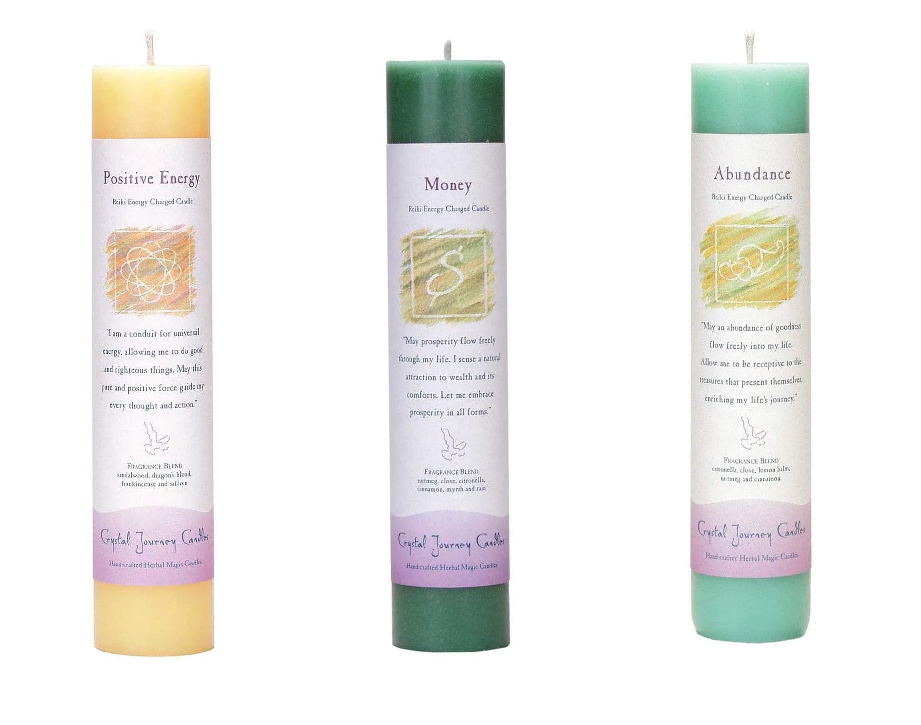 Crystal Journey Reiki Charged Herbal Magic Pillar Candle with Inspirational Labels - Wealth & Health Bundle of 3 (7"x1.5")
