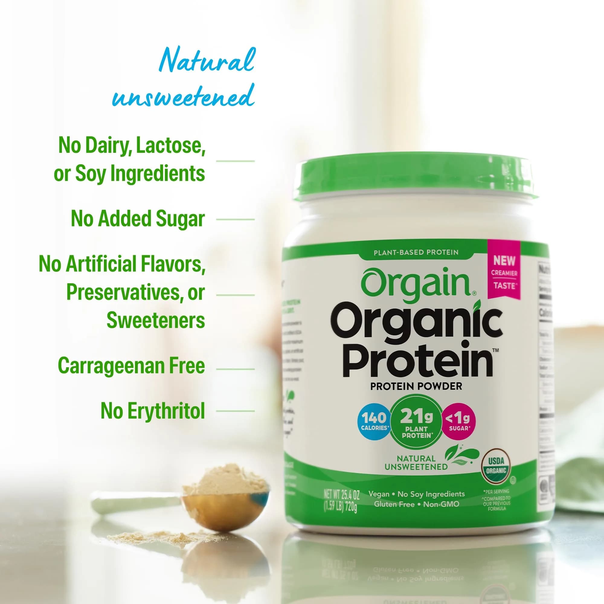 Orgain Organic Vegan Protein Powder Natural Unsweetened | 21g Plant Protein, 4g Prebiotic Fiber, 0g Sugar - view 5