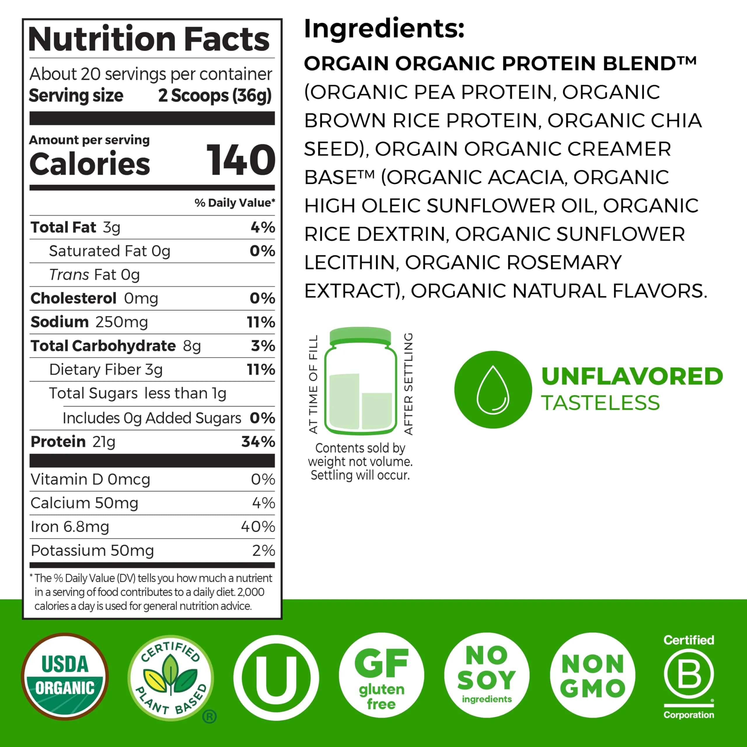 Orgain Organic Vegan Protein Powder Natural Unsweetened | 21g Plant Protein, 4g Prebiotic Fiber, 0g Sugar - view 2