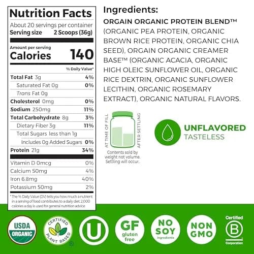 Orgain Organic Vegan Protein Powder Natural Unsweetened | 21g Plant Protein, 4g Prebiotic Fiber, 0g Sugar thumbnail 2