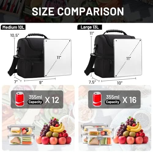 MIER Double Deck Insulated Lunch Bag Large Cooler Tote Bag for Men & Women, Black | 13 L (25.9cm x 25.9cm x 20.1cm) thumbnail 2