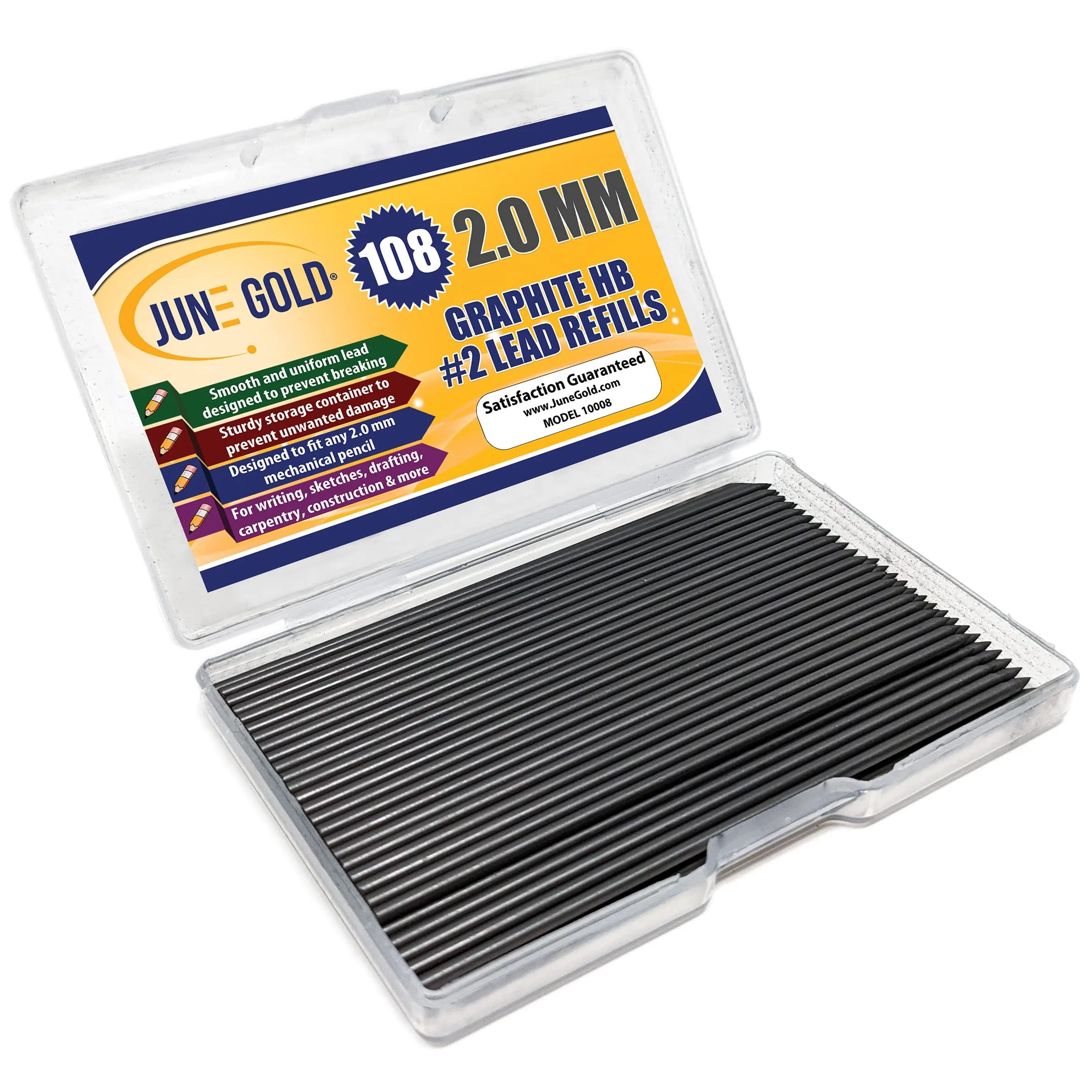 June Gold HB Graphite 2.0 mm Lead Refills, 90 mm Length, 108 Count with Carrying Case - main product image