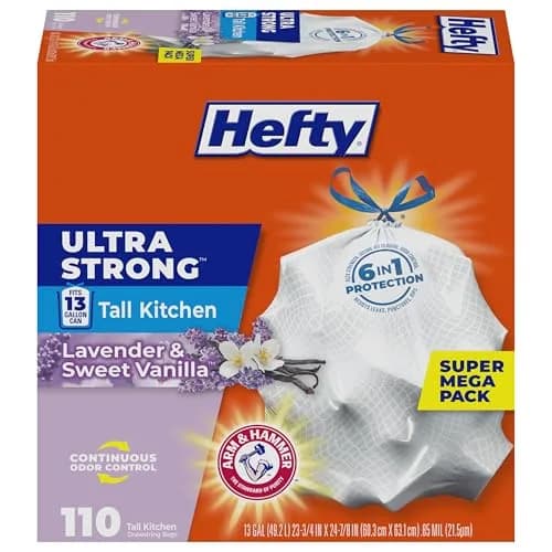 Hefty Ultra Strong 13 Gallon Kitchen Trash Bags, Lavender Vanilla Scent, 110 Count | 49.2L (13 Gal) Capacity thumbnail 1