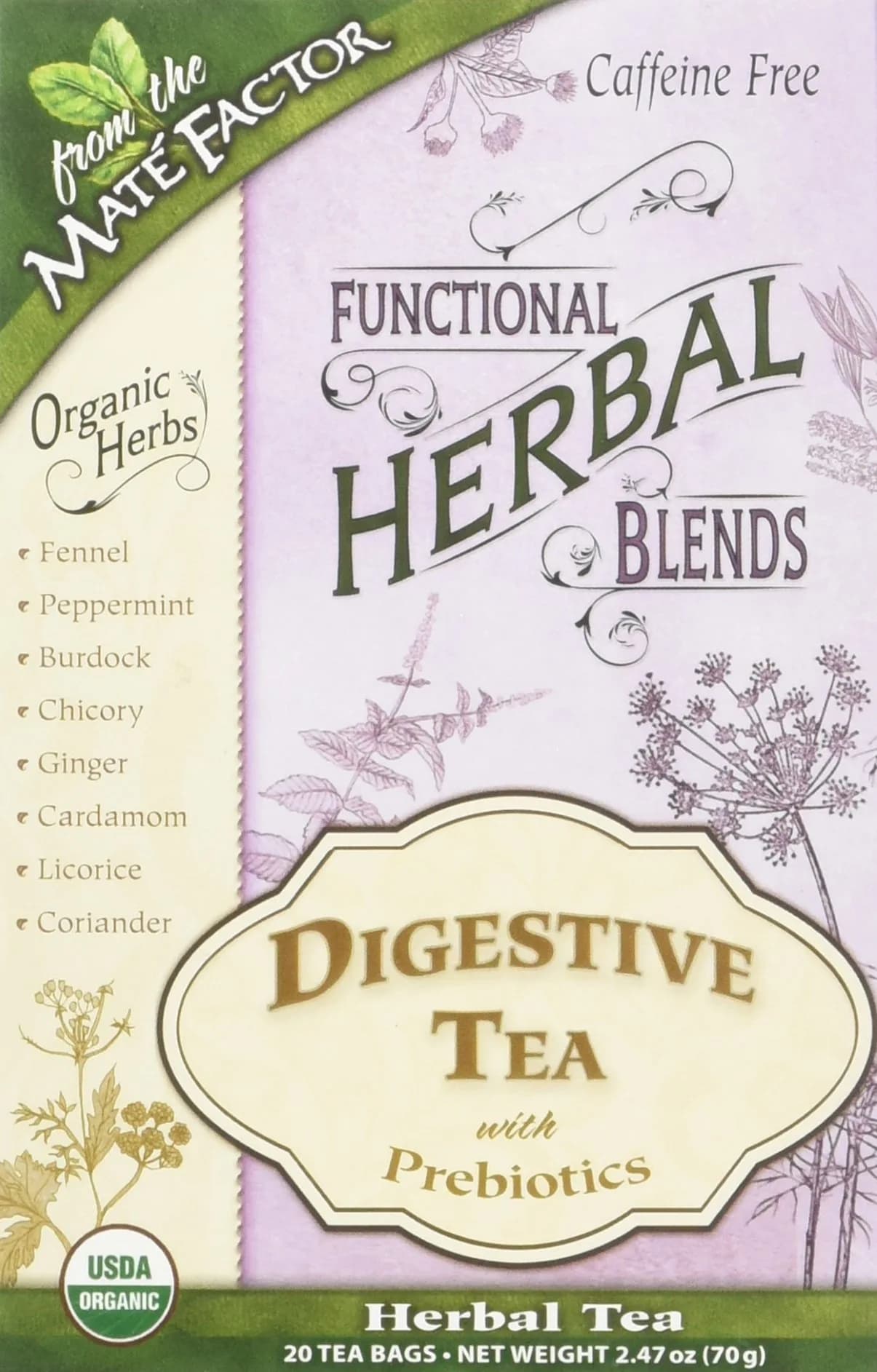 Maté Factor Digestive Tea with Prebiotics 20 Bag | Caffeine-Free Herbal Blend for Support - main product image