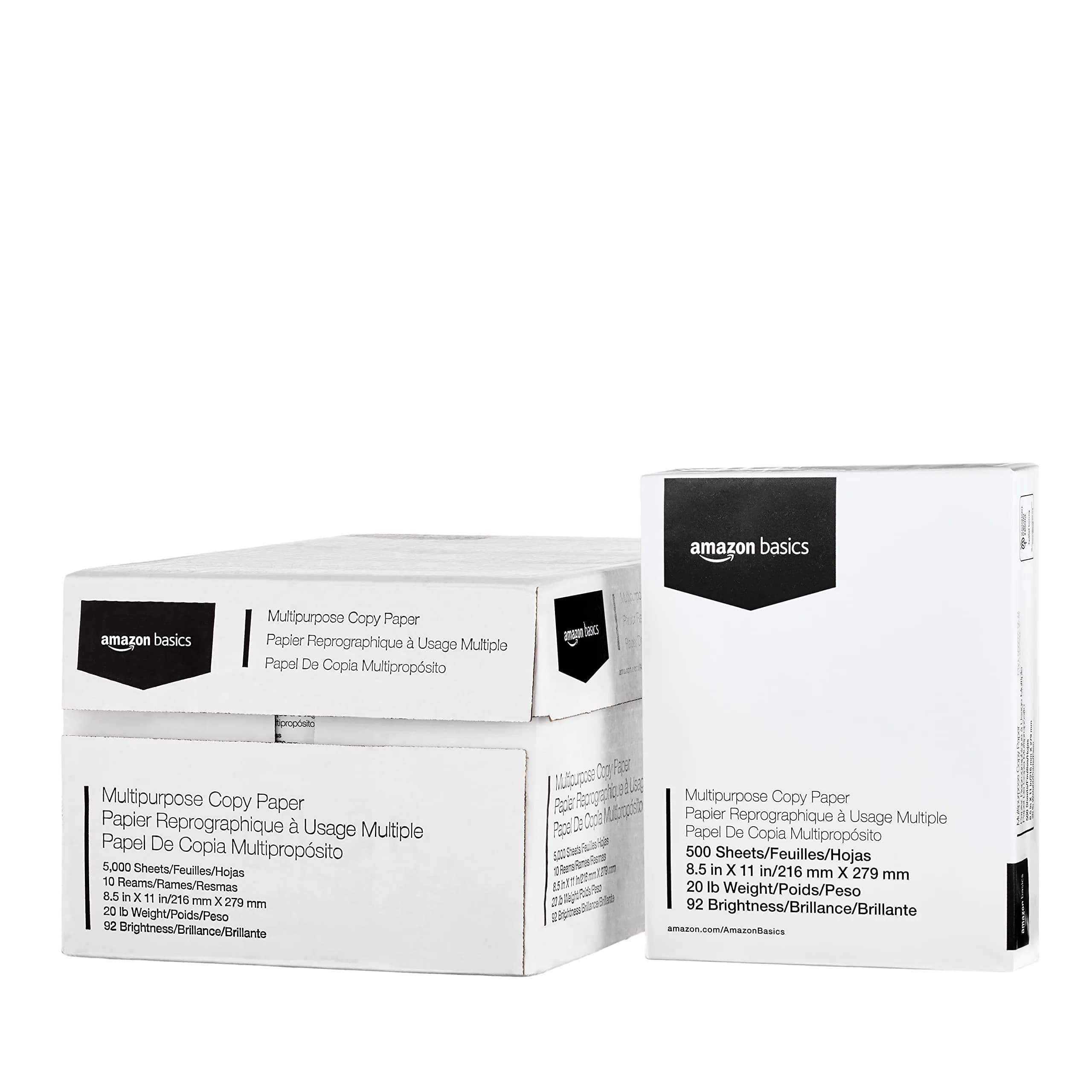 Amazon Basics Multipurpose Copy Printer Paper 8.5 x 11 Inches, 20 lb, 5000 Sheets (10 Reams) | Acid-Free for Fade Resistance - main product image