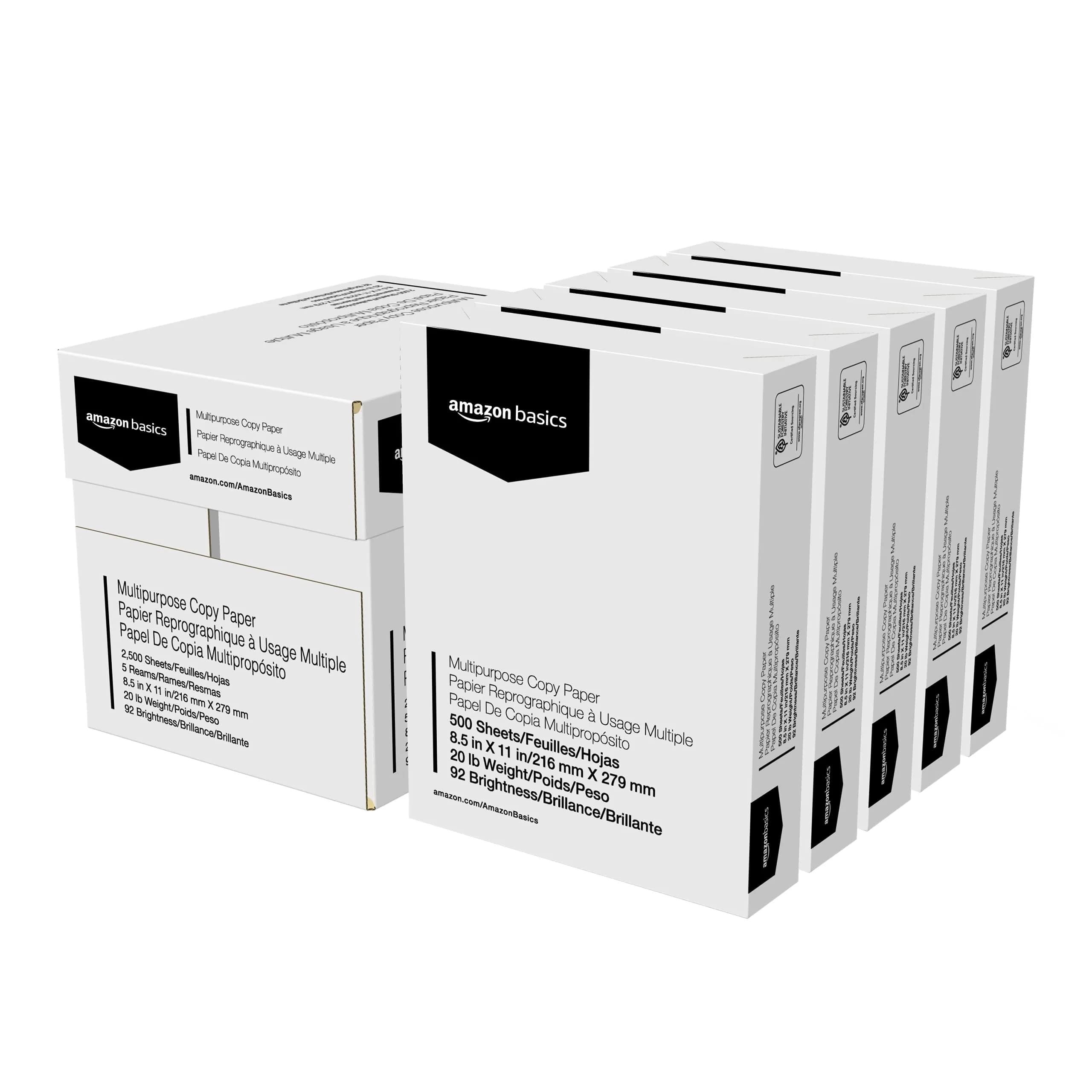 Amazon Basics Multipurpose Copy Printer Paper, 20 lb, 8.5 x 11 Inches, 2500 Sheets (5 Reams) | Acid-Free Paper for Crisp Printing - main product image