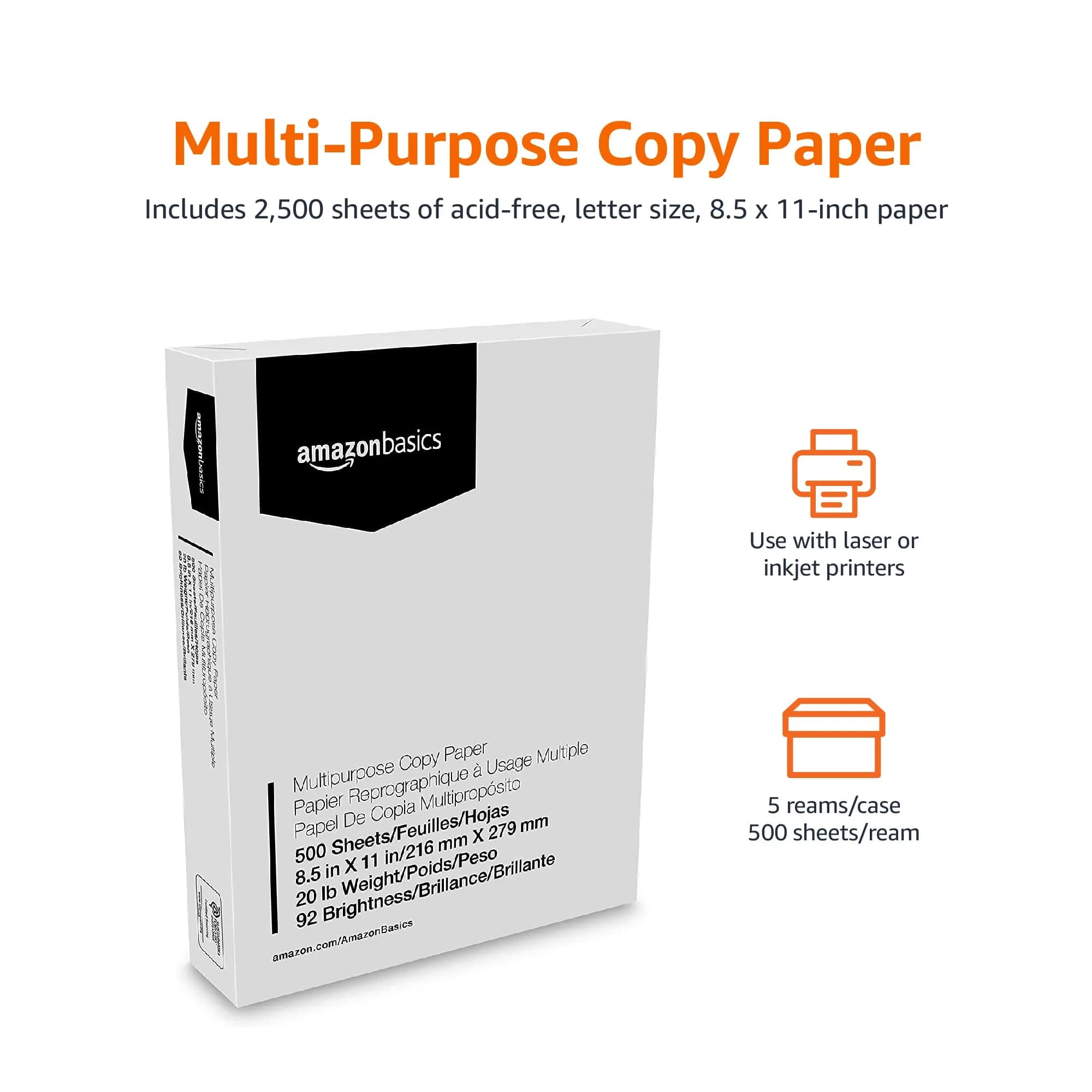 Amazon Basics Multipurpose Copy Printer Paper, 20 lb, 8.5 x 11 Inches, 2500 Sheets (5 Reams) | Acid-Free Paper for Crisp Printing - view 2