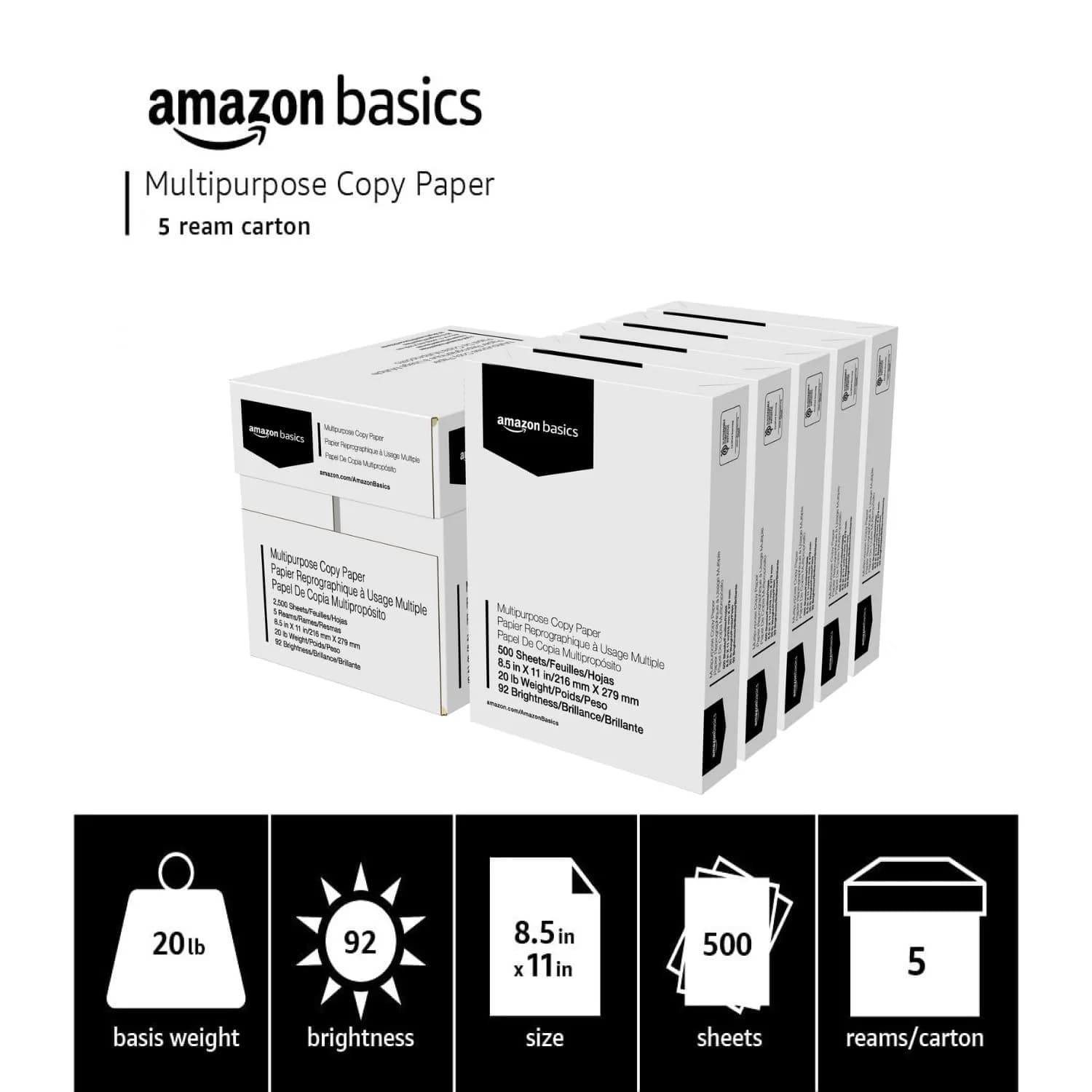 Amazon Basics Multipurpose Copy Printer Paper, 20 lb, 8.5 x 11 Inches, 2500 Sheets (5 Reams) | Acid-Free Paper for Crisp Printing - view 3