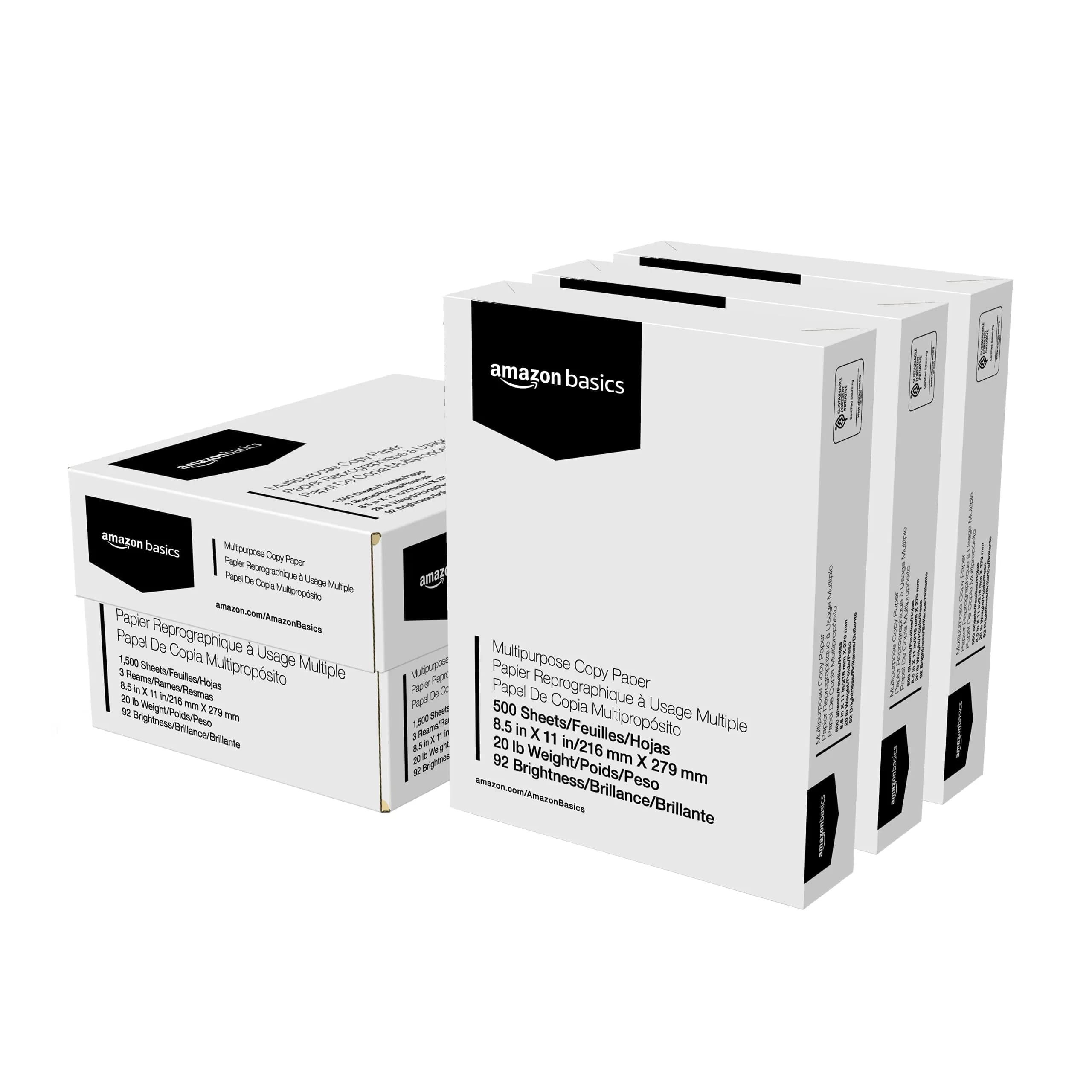 Amazon Basics Multipurpose Copy Printer Paper 8.5 x 11 Inches 20 lb White 1500 Sheets | Bright White for Crisp Printing - main product image
