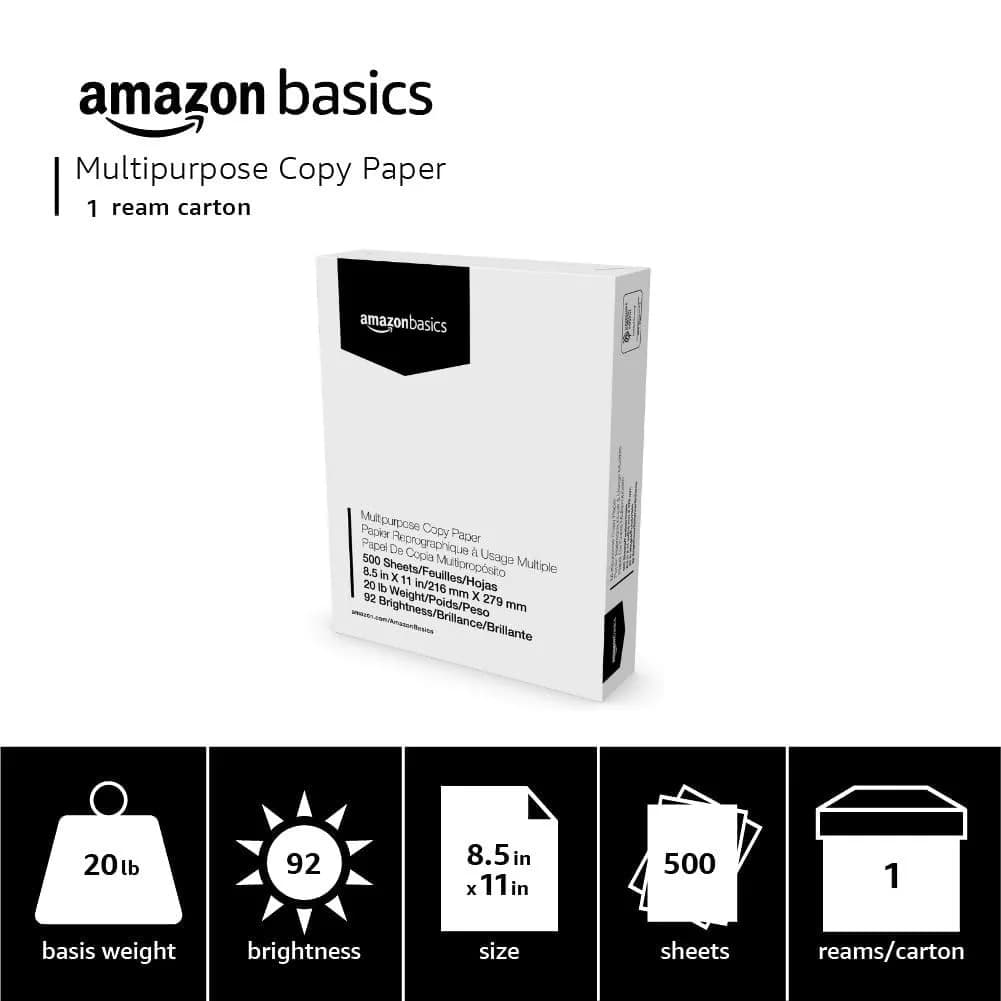 Amazon Basics Multipurpose Copy Printer Paper 8.5 x 11 Inches 20 lb 92 Bright White 500 Sheets | Jam-Free - view 3