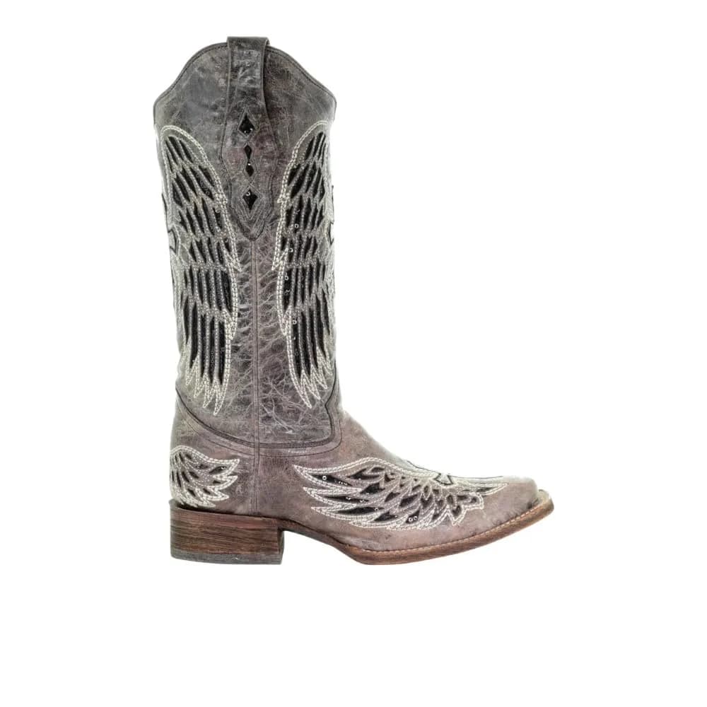 Corral Boots Womens Wings Tooled-Inlay Pull On Square Toe Casual Boots Mid Calf Low Heel 1-2" - Brown - Size 7.5 — Brown/Black / 10