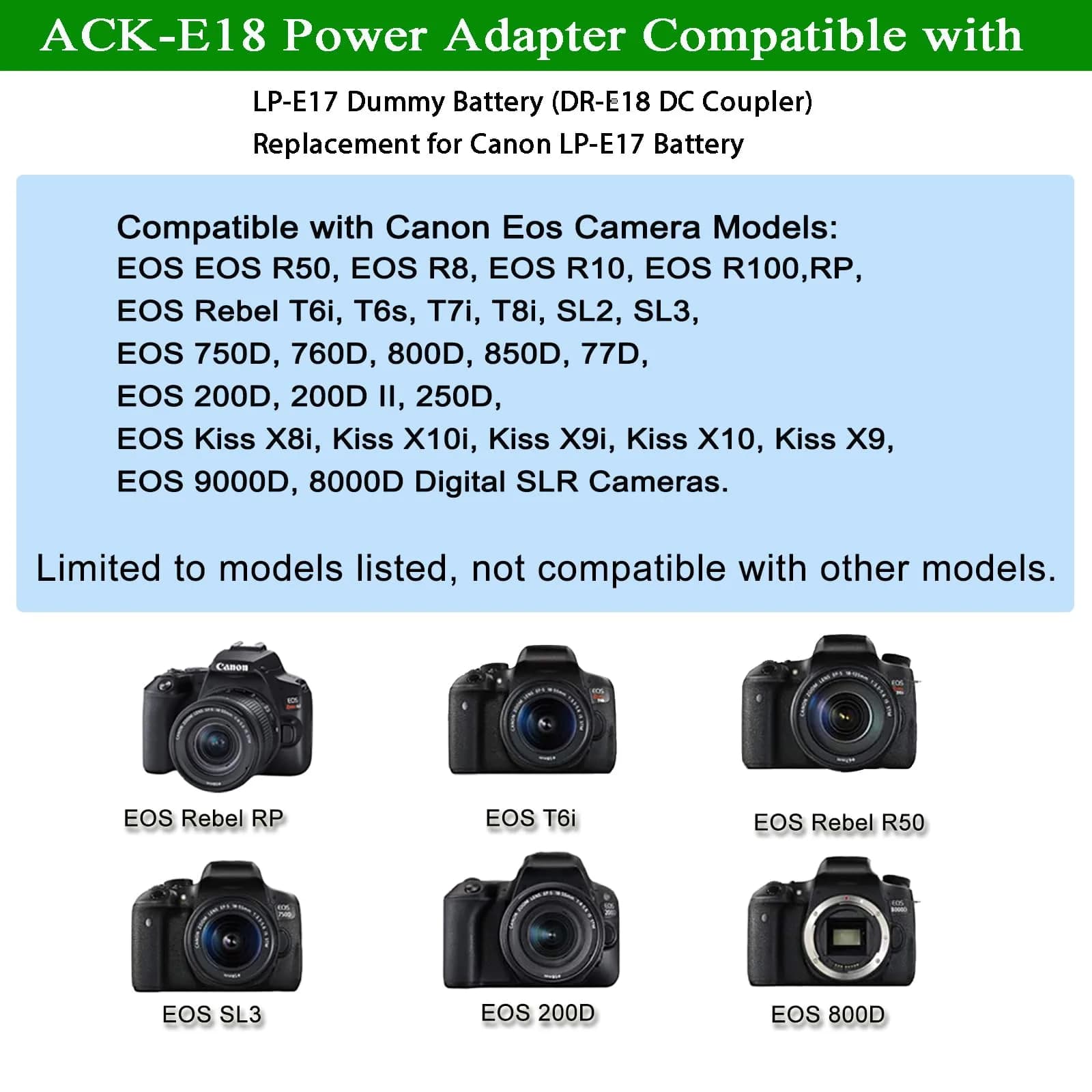 Gonin LP-E17 Dummy Battery & ACK-E18 Power Supply Kit for Canon RP, R50, R8, R10, R100, T7i, T8i, SL3 Cameras | Continuous Power for Studio & Video - view 2