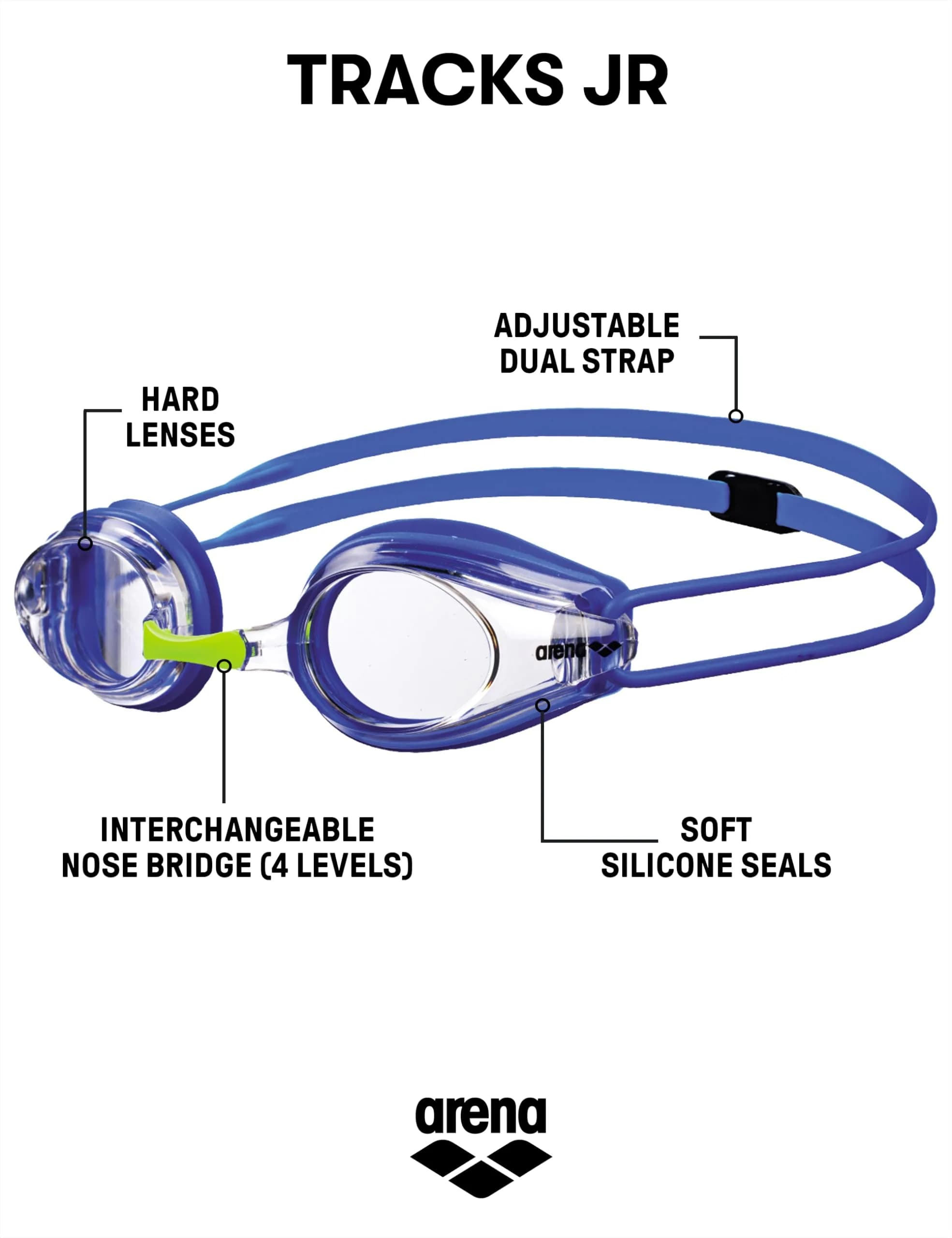ARENA Tracks Junior Youth Swim Goggles Clear/Blue | FINA Approved Anti-Fog Coated - view 2