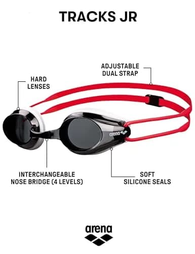ARENA Tracks Junior Youth Racing Swim Goggles | FINA Approved Anti-Fog, Smoke/White/Red thumbnail 2