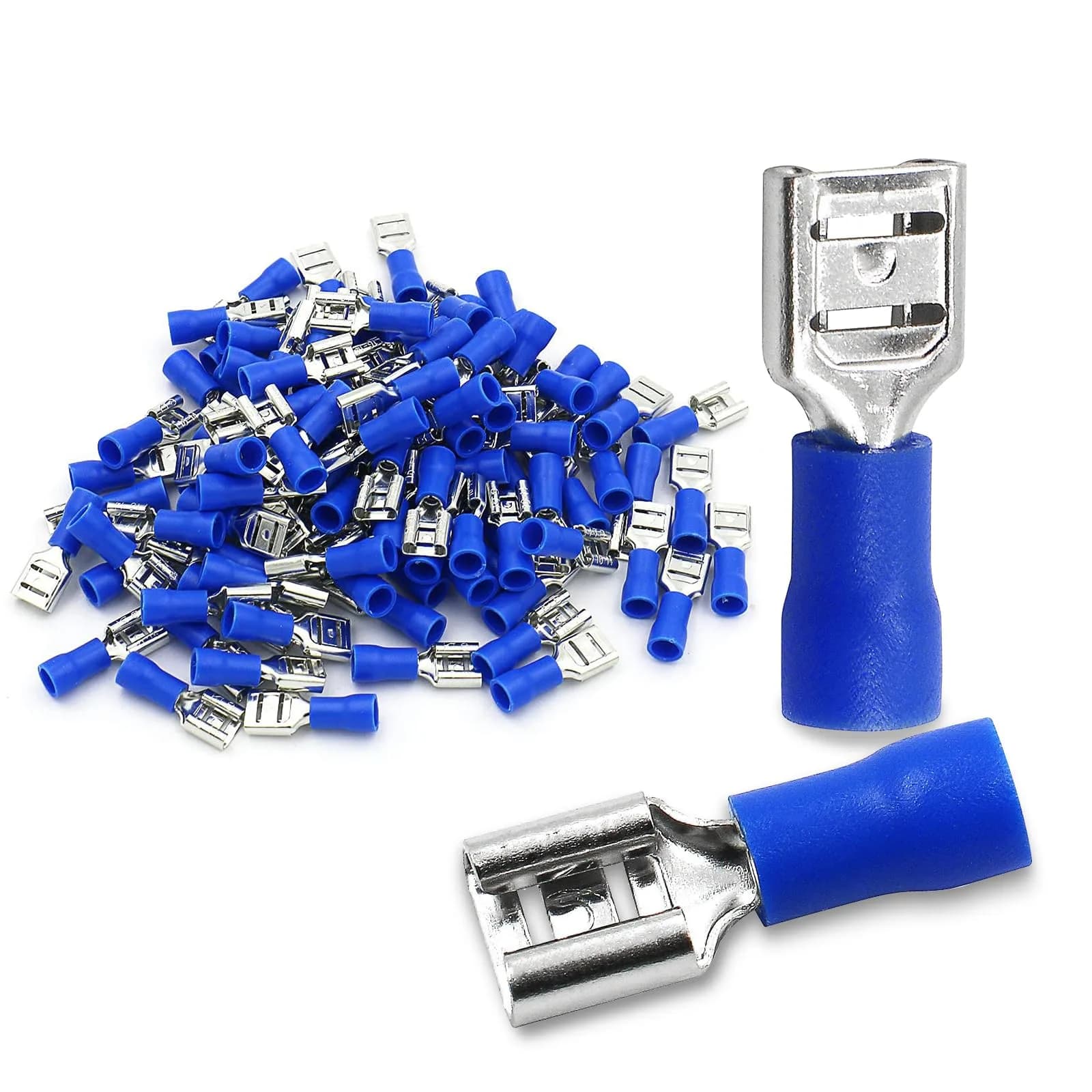 Baomain 1/4" Female Spade Connectors 16-14 AWG (100-Pack, Blue) | Secure Wire Connections for Automotive & Electronics — Female