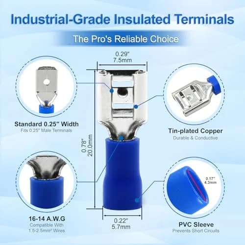 Baomain 1/4" Female Spade Connectors 16-14 AWG (100-Pack, Blue) | Secure Wire Connections for Automotive & Electronics thumbnail 2