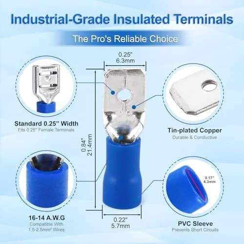 Baomain 1/4" Male Spade Terminals 16-14 AWG (100-Pack) | Secure Crimp Connectors for Electrical Wiring thumbnail 2