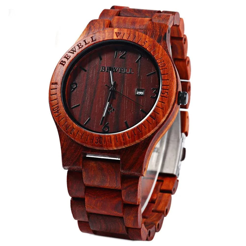 BEWELL ZS-W086B Men's Red Sandalwood Analog Quartz Watch | 4.2cm Date Display - main product image