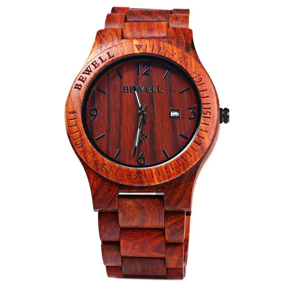 BEWELL ZS-W086B Men's Red Sandalwood Analog Quartz Watch | 4.2cm Date Display - view 2