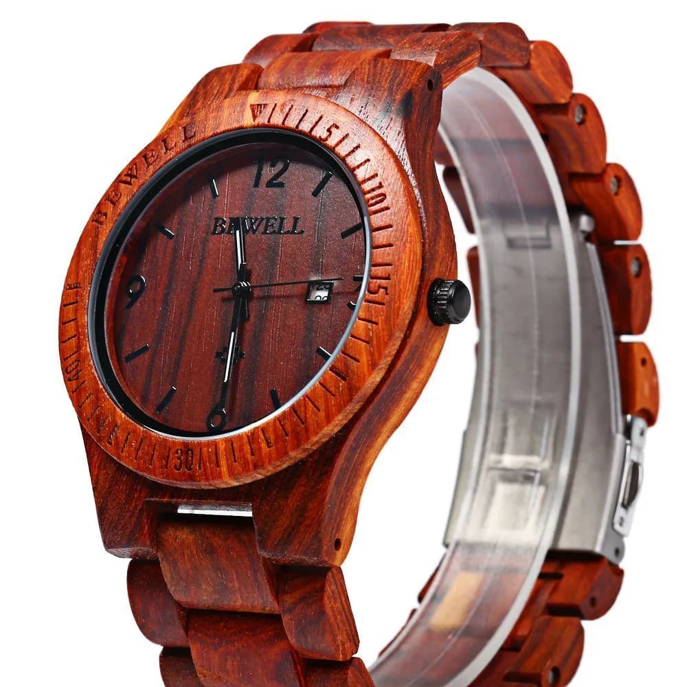 BEWELL ZS-W086B Men's Red Sandalwood Analog Quartz Watch | 4.2cm Date Display - view 3