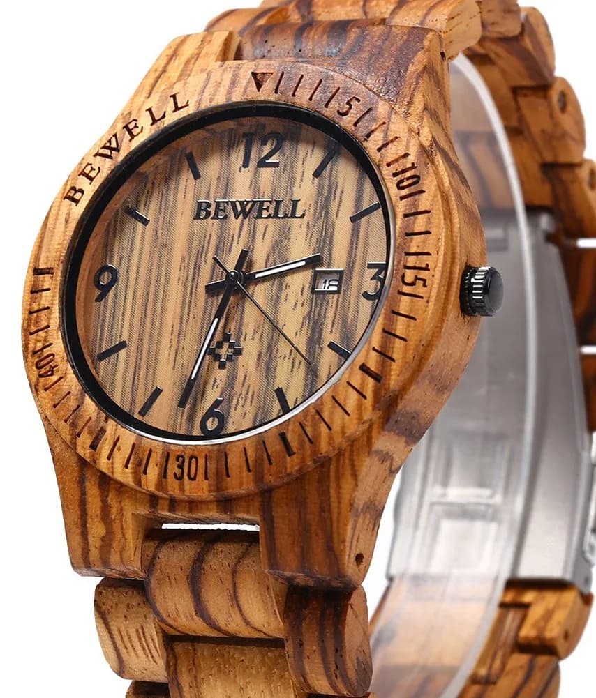 BEWELL ZS-W086B Men's Zebra Wood Analog Quartz Watch with Date Display | 4.2cm - view 2