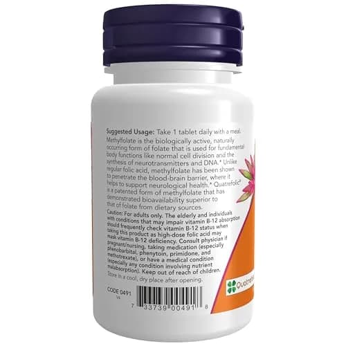 NOW Methyl Folate 1000 mcg | Bioavailable Co-Enzyme B Vitamin, 90 Tabs thumbnail 3