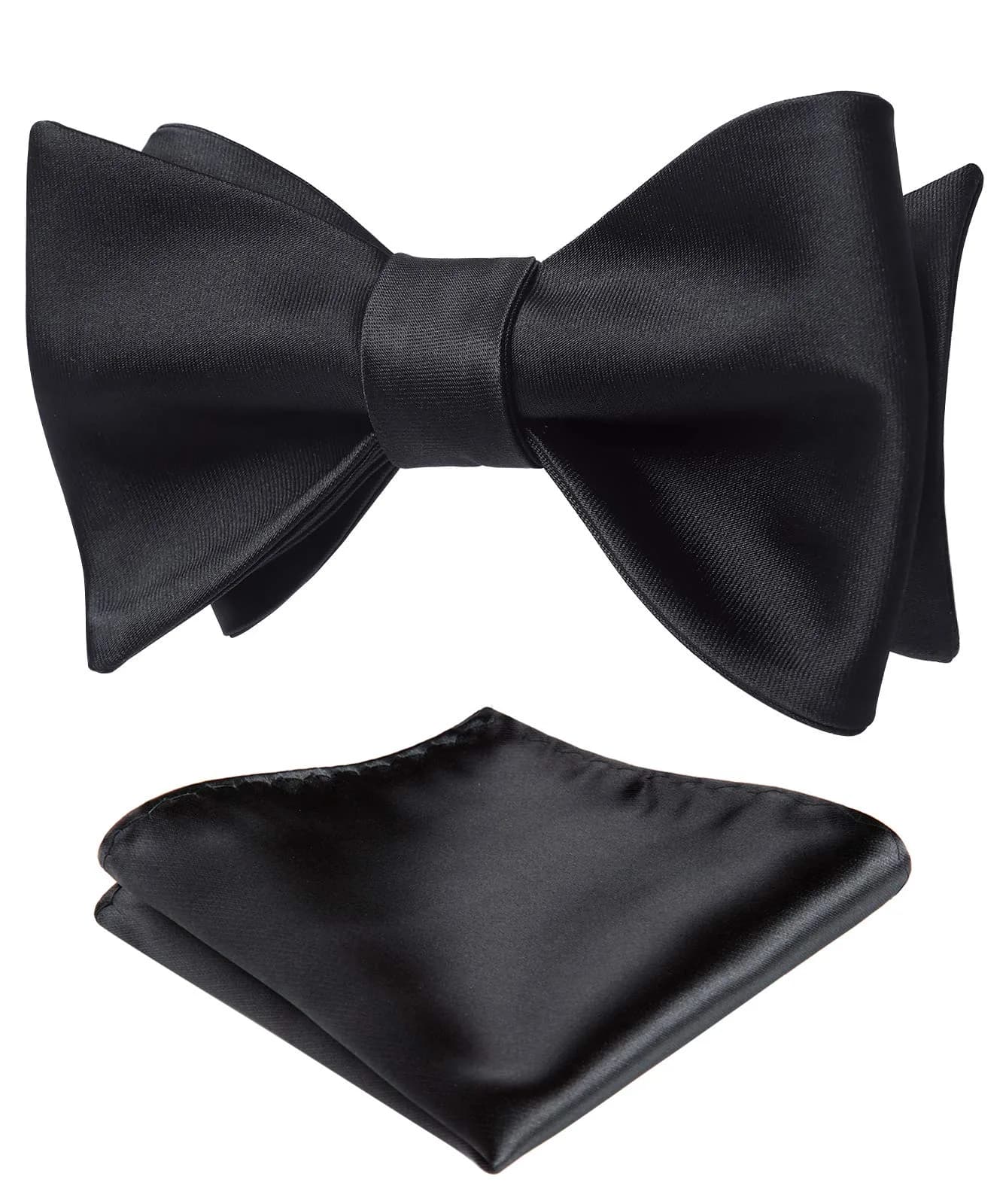 HISDERN Bow Ties for Men Solid Black Self Tie Bow Tie & Pocket Square Set Classic Formal Satin Bow ties for Tuxedo Wedding Party | Elegant & Adjustable