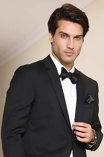 HISDERN Bow Ties for Men Solid Black Self Tie Bow Tie & Pocket Square Set Classic Formal Satin Bow ties for Tuxedo Wedding Party | Elegant & Adjustable thumbnail 6