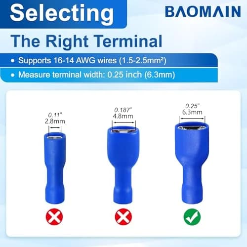 Baomain Fully Insulated Female Spade Terminals 16-14 AWG (100-Pack, Blue) | Secure Wire Connections for 6.3mm Male Terminals thumbnail 4