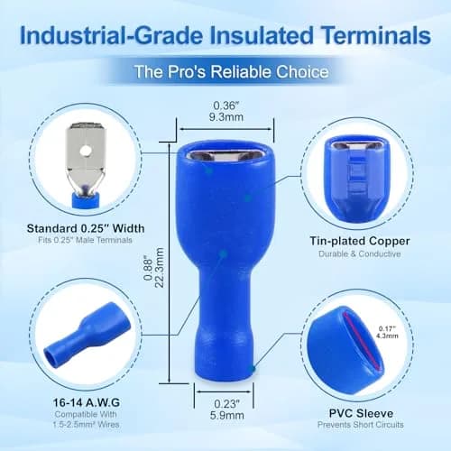 Baomain Fully Insulated Female Spade Terminals 16-14 AWG (100-Pack, Blue) | Secure Wire Connections for 6.3mm Male Terminals thumbnail 2