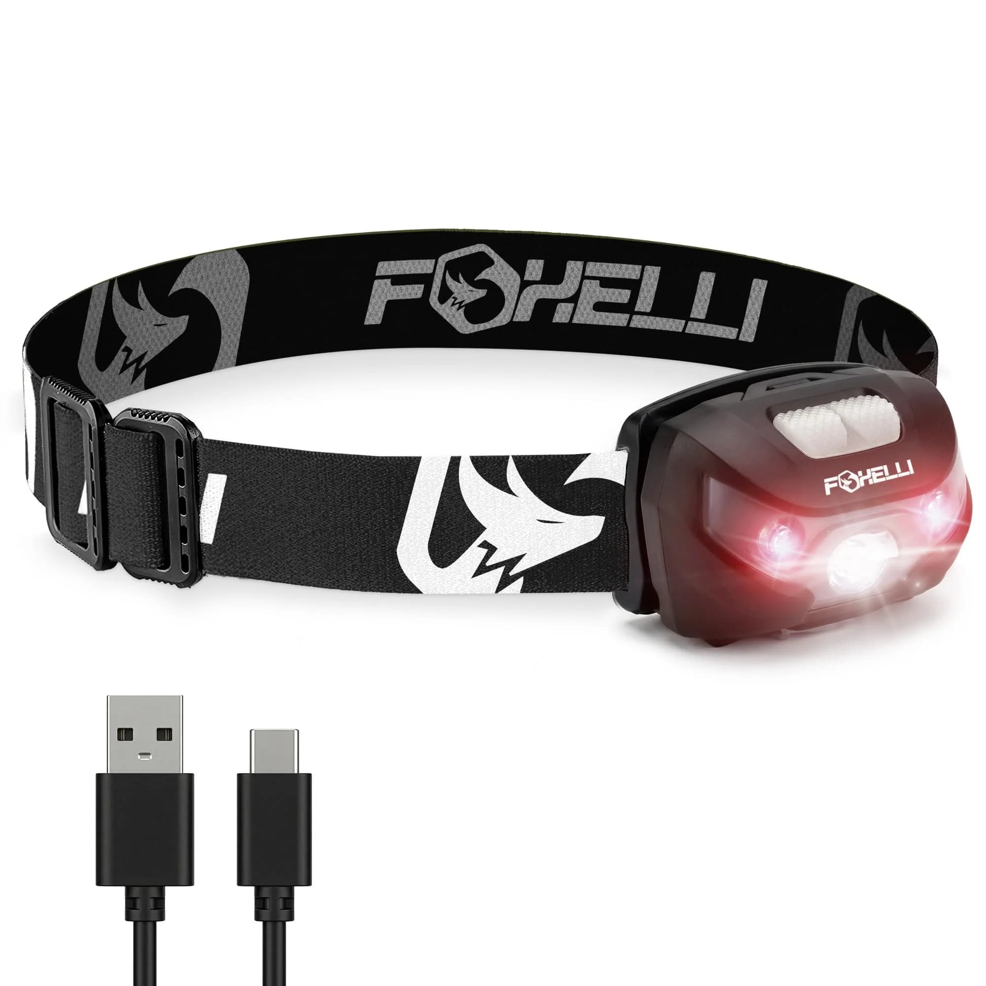 Foxelli USB-C Rechargeable LED Headlamp 160 Lumens | Waterproof, Lightweight & Adjustable for Outdoors & Kids — Black - main product image