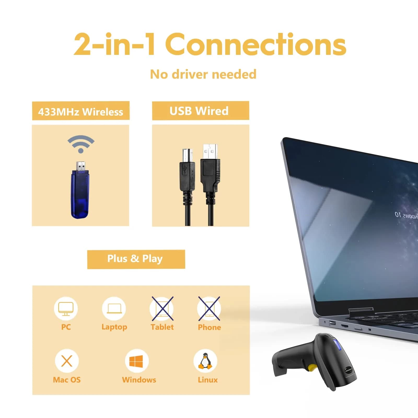 NADAMOO Wireless Barcode Scanner 100m Indoor | 1D Laser Automatic Reader with USB Receiver - view 2