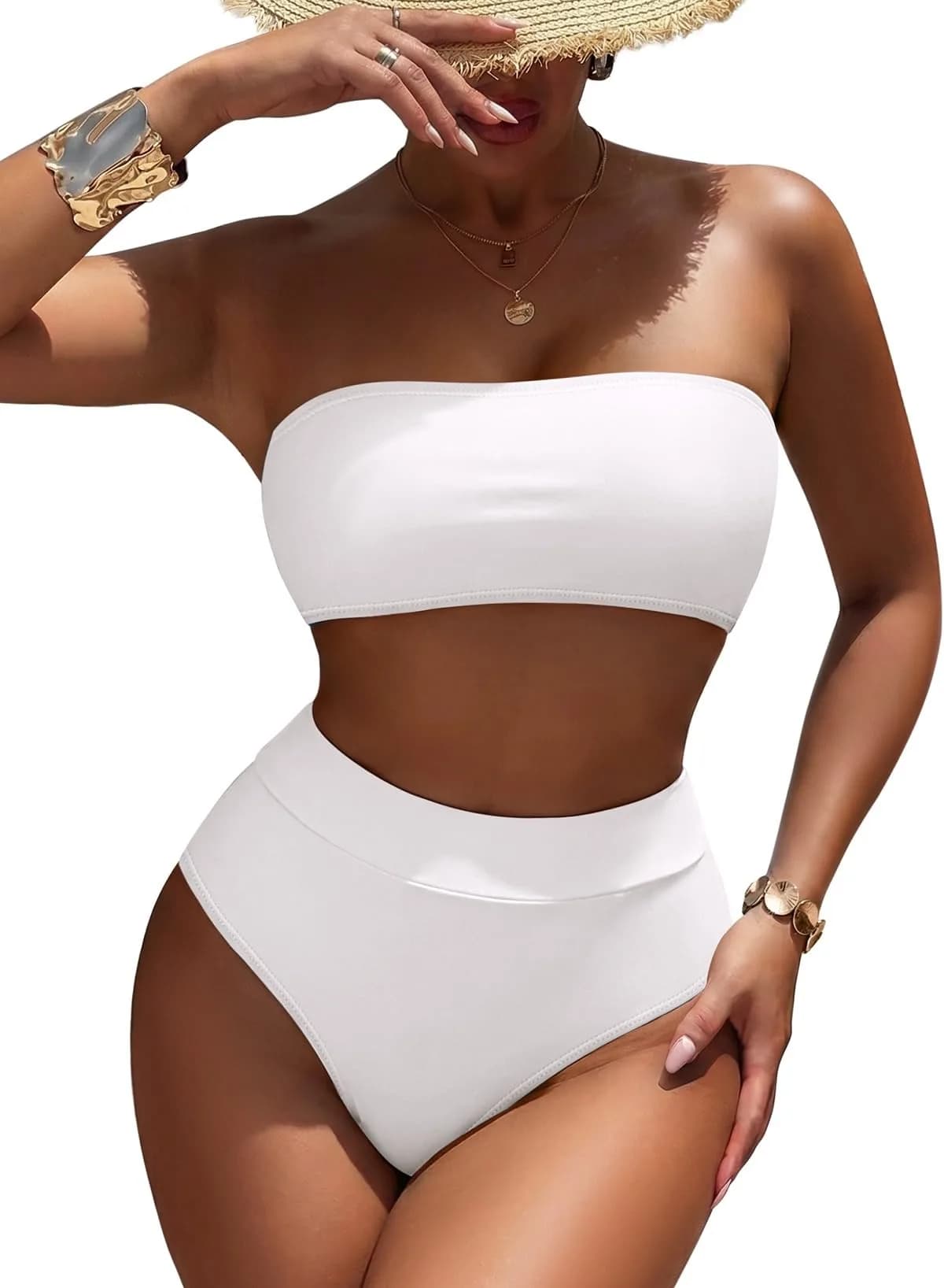Pink Queen Women's High Waist Bikini Bandeau Two Piece Swimsuit White S | Removable Strap & Support thumbnail 1