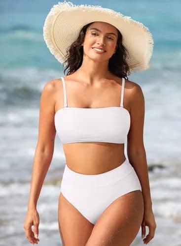 Pink Queen Women'S High Waist Bikini Bandeau Two Piece Swimsuit White M | Removable Strap & Support thumbnail 3