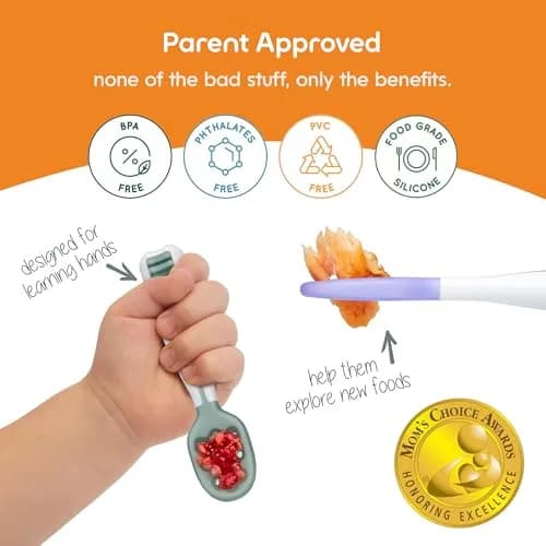 NumNum Baby Spoons Set, Pre-Spoon GOOtensils for 6+ Months, First Stage Self-Feeding Spoons with Contoured Handle, BPA-Free Silicone Toddler Utensils, 2 Pack Blue/Orange thumbnail 5