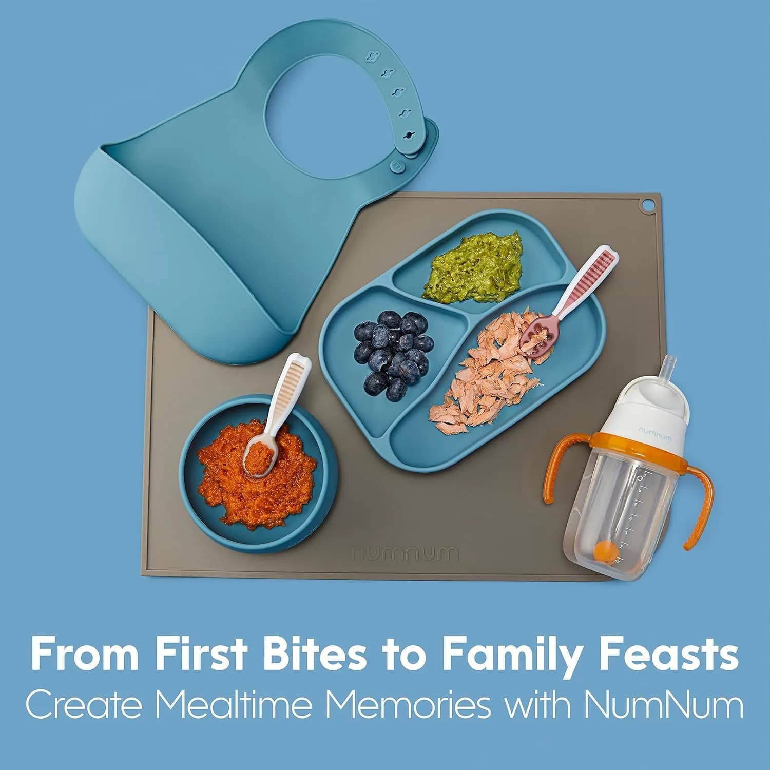 NumNum Baby Spoons Set, Pre-Spoon GOOtensils for 6+ Months, First Stage Self-Feeding Spoons with Contoured Handle, BPA-Free Silicone Toddler Utensils, 2 Pack Blue/Orange - view 8