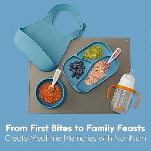 NumNum Baby Spoons Set, Pre-Spoon GOOtensils for 6+ Months, First Stage Self-Feeding Spoons with Contoured Handle, BPA-Free Silicone Toddler Utensils, 2 Pack Blue/Orange thumbnail 8