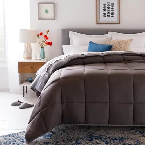 Linenspa All-Season Down Alternative Comforter | Reversible Stone/Charcoal Cal King thumbnail 3