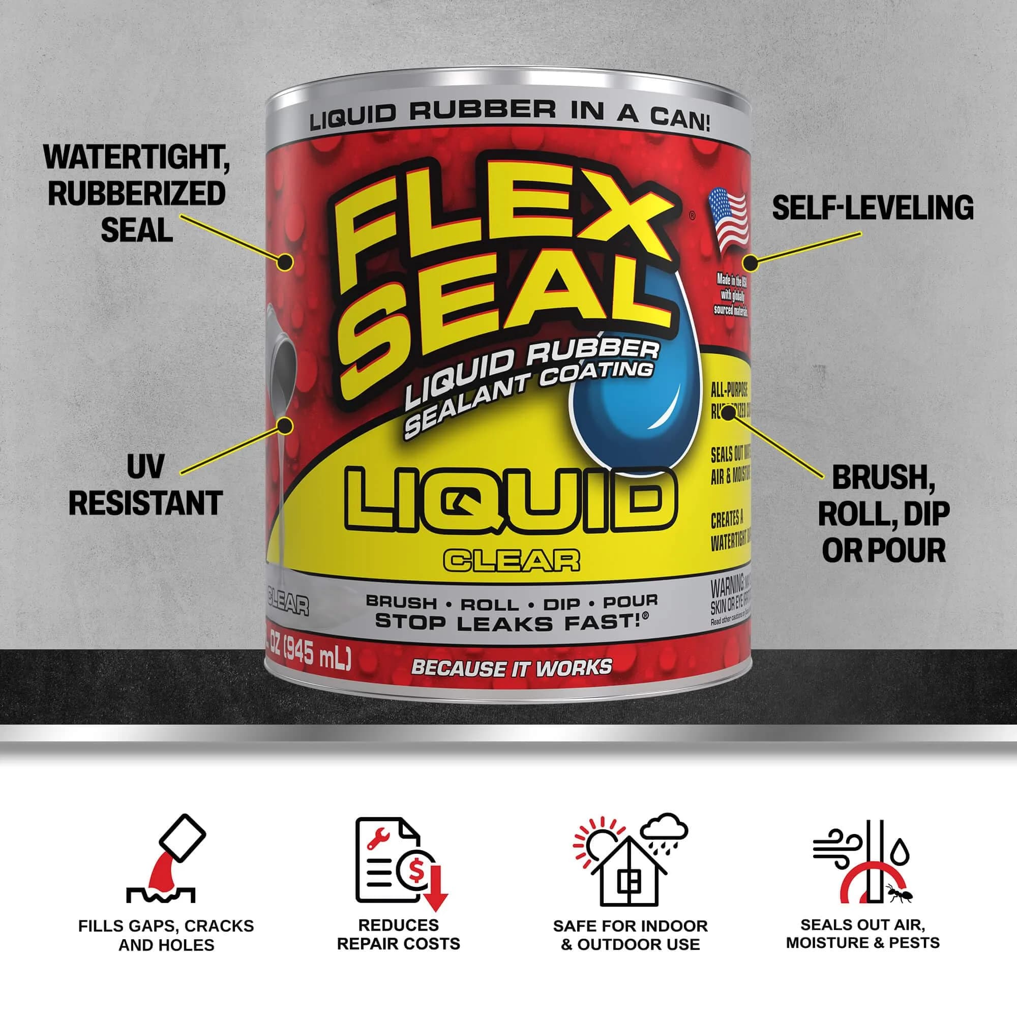Flex Seal Liquid Rubber Sealant Coating Clear 946ml (32 oz) | Stops Leaks Fast - view 2