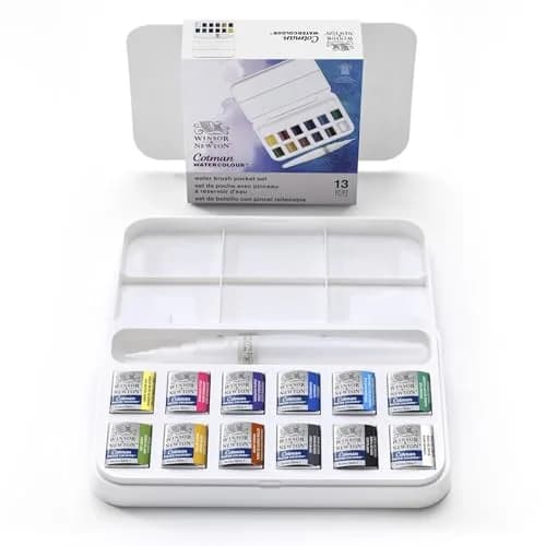 Winsor & Newton Cotman Watercolor Paint Set, 12 Half Pans with Water Brush Pen | Portable Art Kit thumbnail 1