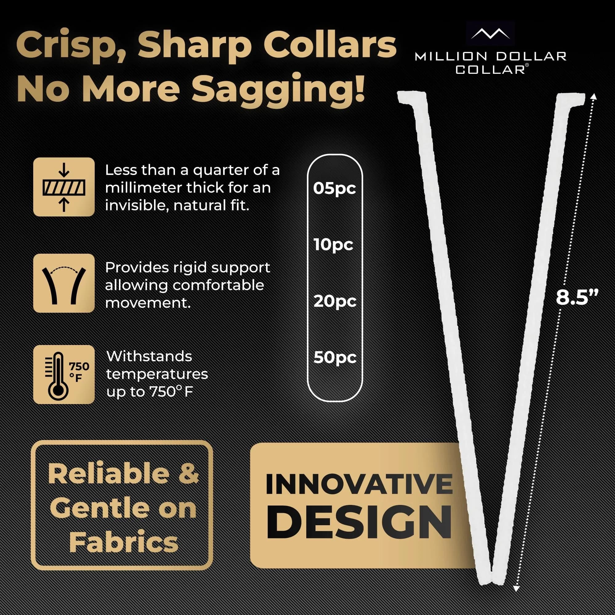 Million Dollar Collar Placket Stays (5-Pack, White) | Crisp Collars for Men's Dress Shirts - view 3