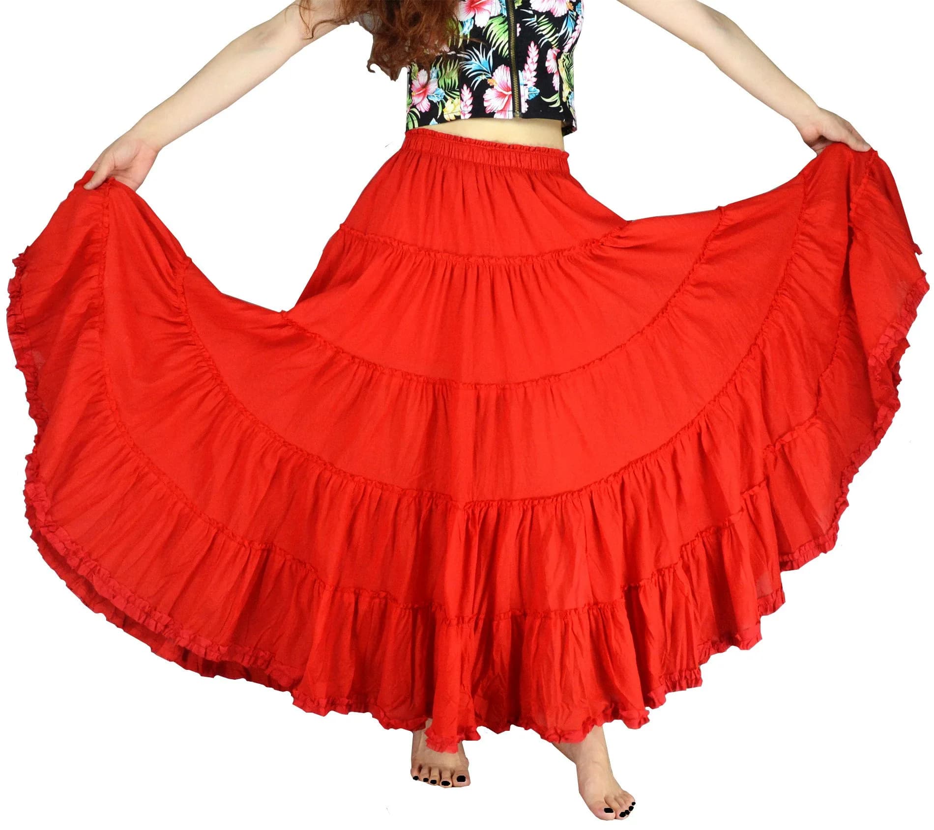 YSJERA Women's Cotton 5 Tiered A Line Pleated Maxi Skirt Long Boho Gypsy Dance Skirts (One Size,Yellow) | Flowy, Breathable Cotton for Casual & Formal Wear — Red