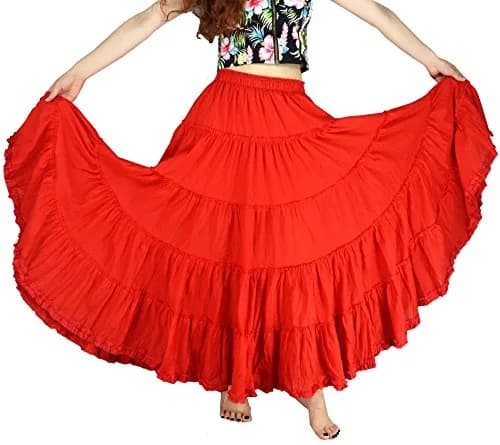 YSJERA Women's Cotton 5 Tiered A Line Pleated Maxi Skirt Long Boho Gypsy Dance Skirts (One Size,Red) | Flowing Cotton Maxi for Casual & Formal Wear thumbnail 1