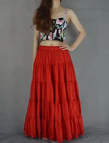 YSJERA Women's Cotton 5 Tiered A Line Pleated Maxi Skirt Long Boho Gypsy Dance Skirts (One Size,Red) | Flowing Cotton Maxi for Casual & Formal Wear thumbnail 2