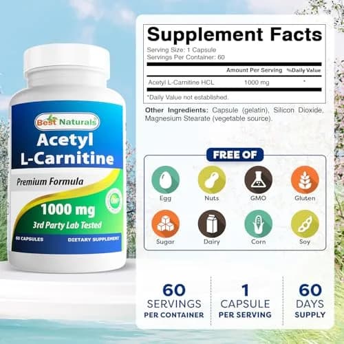 Best Naturals Acetyl L-Carnitine 1000mg Capsule | 60 Count | Supports Energy & Brain Function thumbnail 2